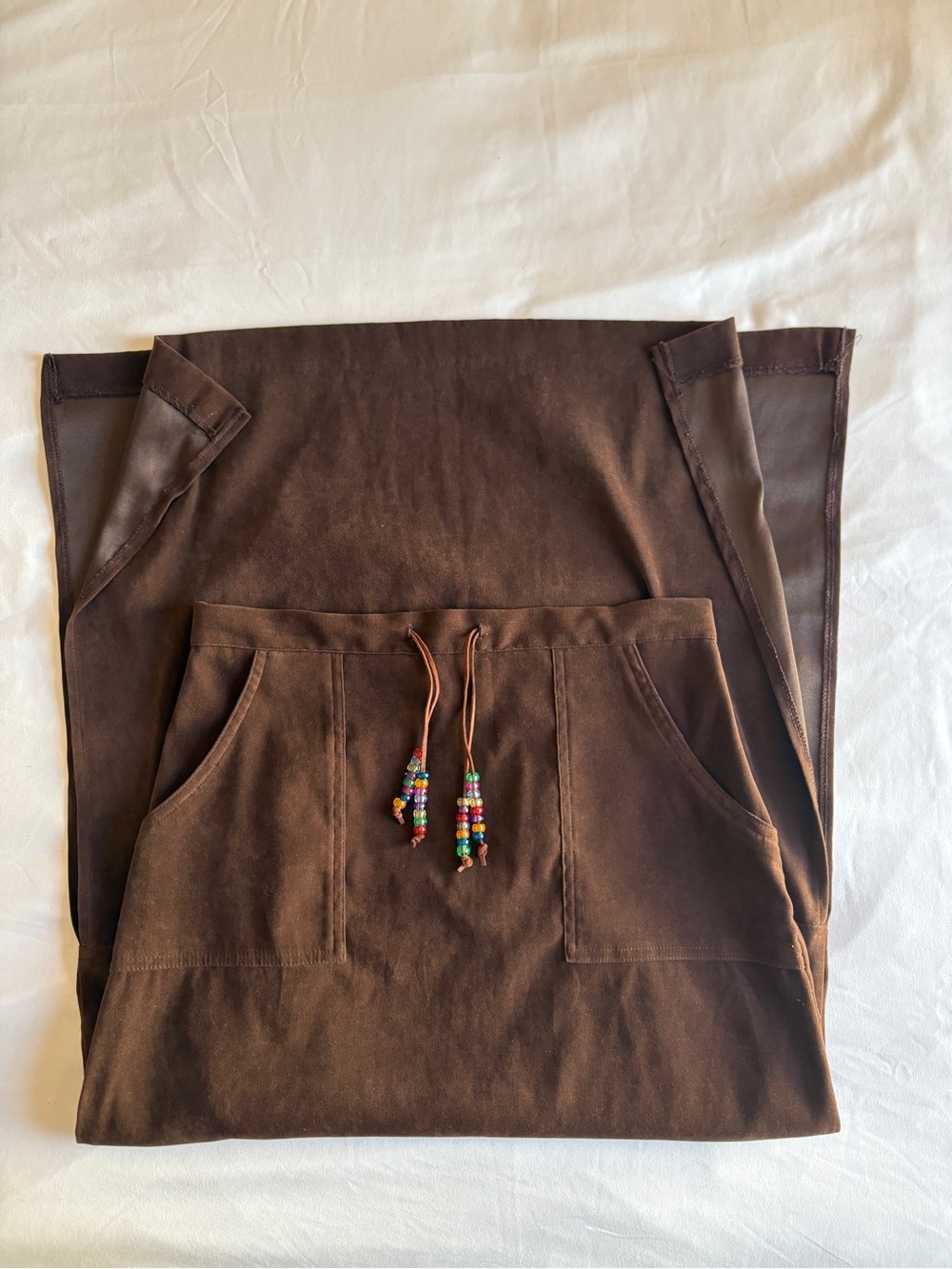 Tracy Evans Brown Suede Maxi Skirt Y2K 90s Beaded Waistband Boho Indie Prairie